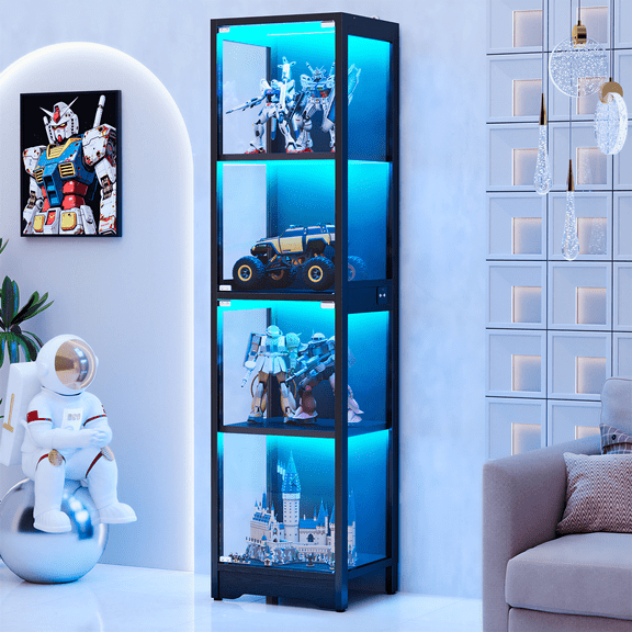 NYBOPAVIS Display Cabinet with Glass Doors & LED Lights,4-Tier Modern Glass Display Case with Adjustable shelves for Living Room & Bedroom, Black