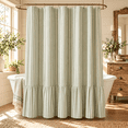 thumbnail image 5 of Green Striped Farmhouse Shower Curtain with Ruffle Hem, 72 x 72 Inch Linen Textured Rustic Shower Curtain for Bathroom, Vintage Country Cottage Style, Green and Cream, 5 of 9