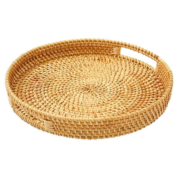 Jokapy Coffee Table Tray Round Natural Rattan Ottoman Tray Woven Serving Tray with Handle, 12"