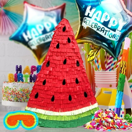 Watermelon Slice Pinatas Party Set for Summer Celebrations with Buster Stick Blindfold Confetti and Happy Celebration Balloons