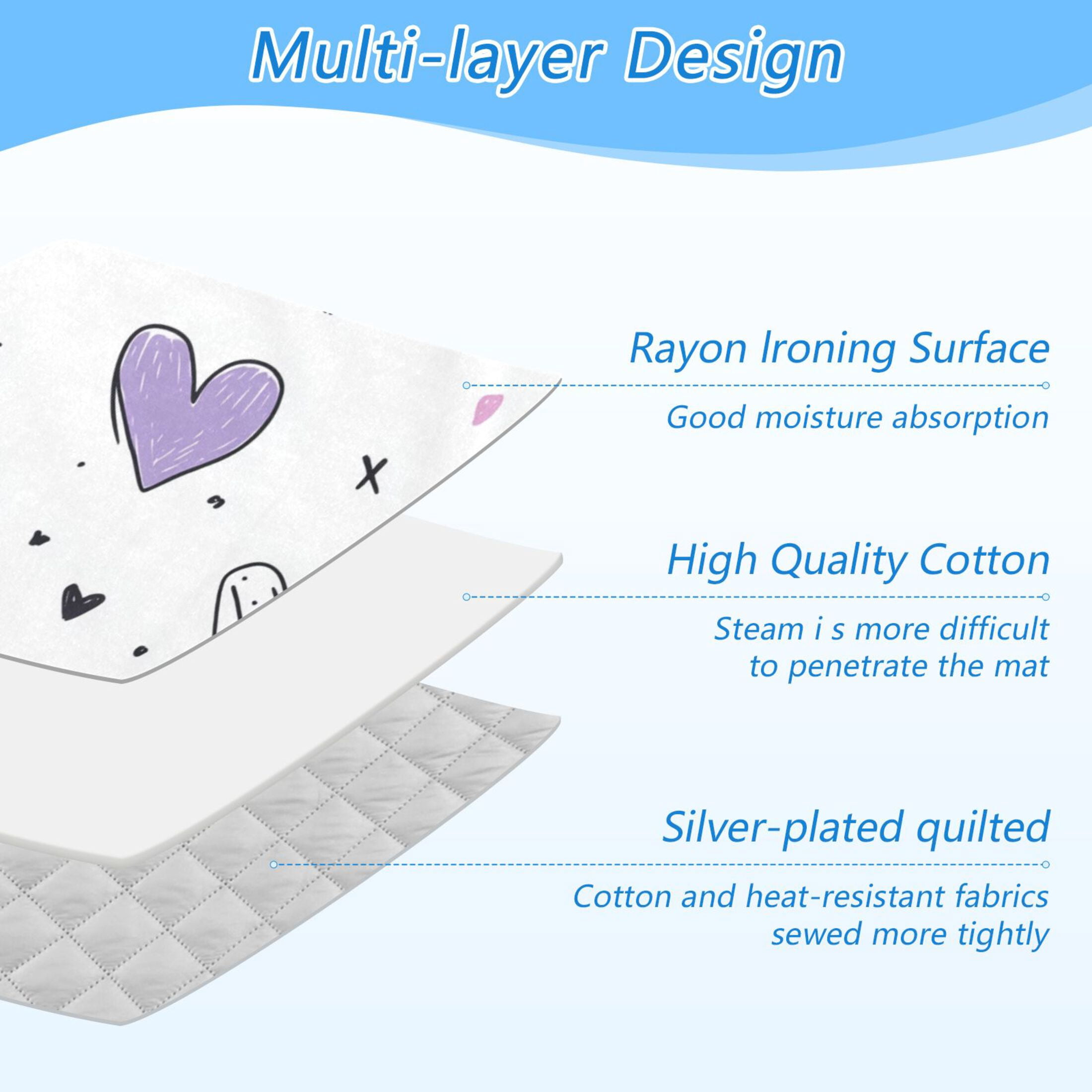 Colorful Doodle Hearts and X Marks Ironing Mat Blanket Portable Travel Ironing Pad Heat Resistant Pad 47.2" x 27.6”
