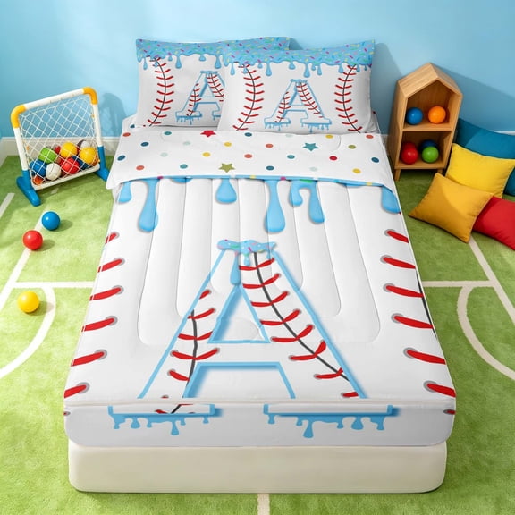 Manfei Cute Baseball Zipper Twin Comforter Sets with Fitted Sheet and 2 Pillowcases, Cartoon Personalized Initial AZipper Bedding Set, Light Blue A