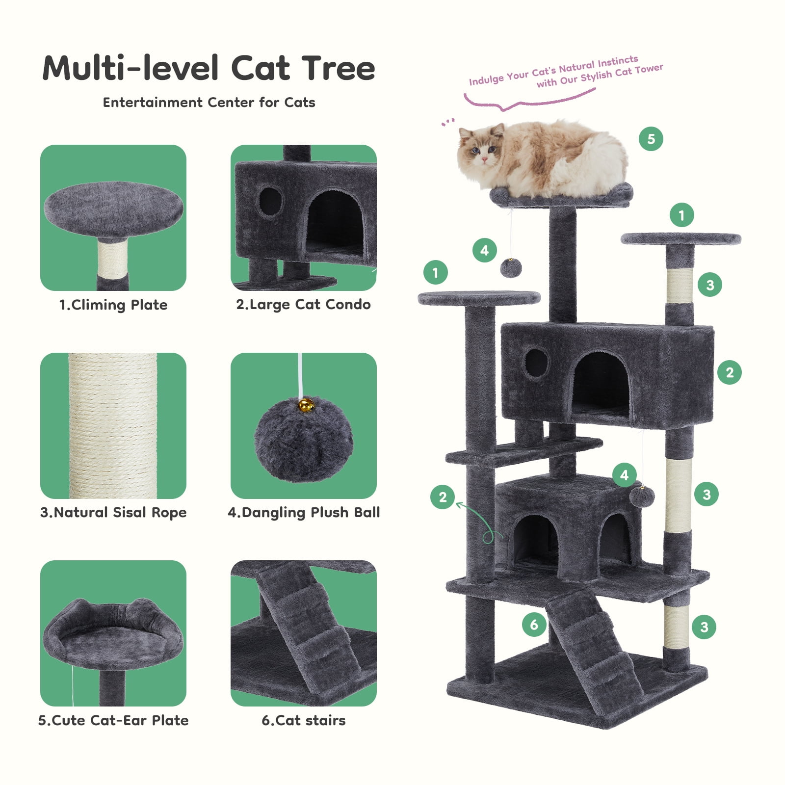 CONCETTA 54in Multi-Level Cat Tree Tower for Indoor Cats with Sisal Scratching Post, Dark Gray