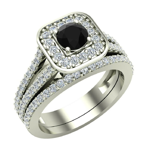 Black Diamond Wedding Ring Set Round Cut Black Diamond Cushion Halo Rings Split Shank 14K White Gold 1.25 Carat