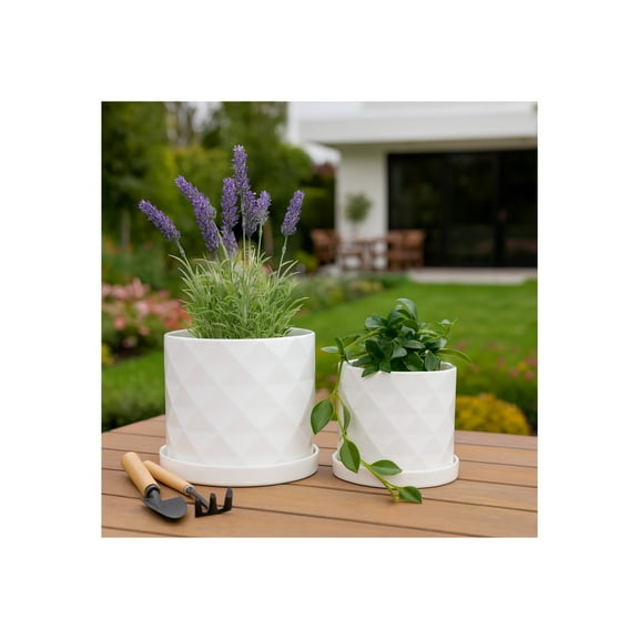 Ceramic Flower Pots and Planters for Home Decor – Indoor or Outdoor Plant Pots with Diamond Texture – Planters for Herbs or Orchids – Contemporary Pots for Indoor Plant Stands Set of 2 – 10", 9" White