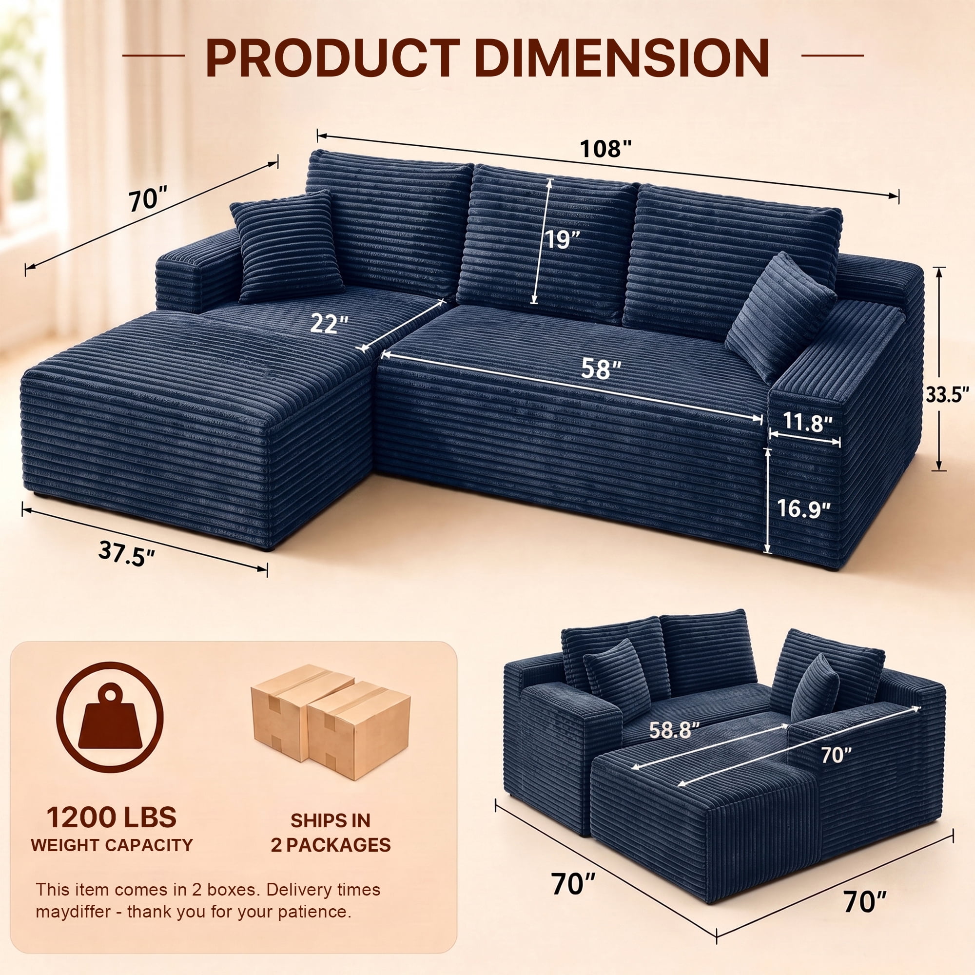 Aukfa 108" Cloud Sectional Sofa Deep Seat Boneless Couch Modular L-Shaped Couch, Left Chaise Corduroy Sofa for Living Room, Blue
