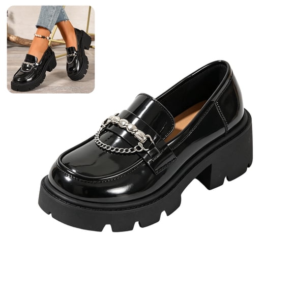 IEMIEMIEM Womens Loafers Fashion Chain Chunky Heel Platform Comfortable Lightweight Anti-Slip Lug Sole Slip-On Dress Shoes for Work Party Casual Daily Wear Punk Style 5.5 wide