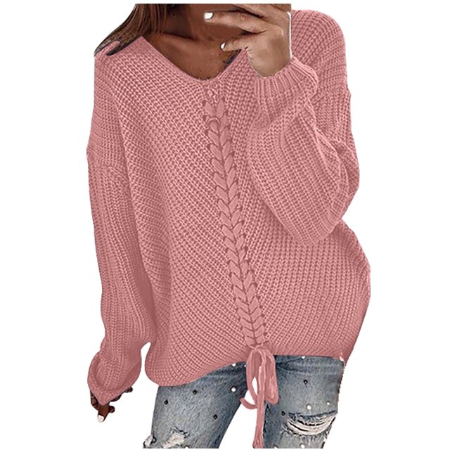 Womens Fashion Solid Long Sleeve Sweater Loose V-Neck knitting Sweater