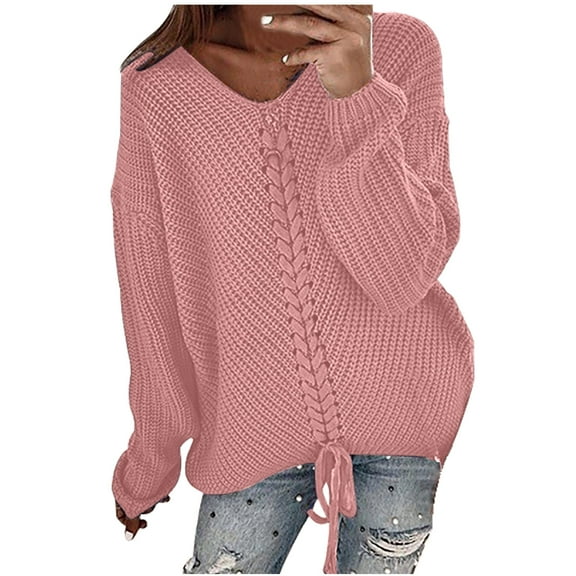 Fesfesfes Women Sweaters Solid Color Long Sleeve Sweater Casual Loose V-Neck Knitting Sweater Clearance