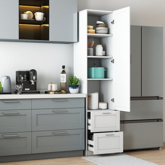 Noble House 70.87" Tall Kitchen Pantry Cabinet with 1 Door & 2 Drawers, Freestanding Storage Organizer, White