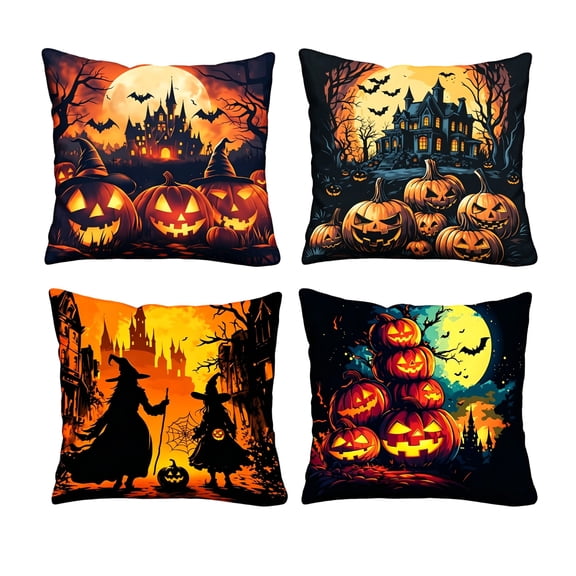 Halloween Throw Pillow Covers 18x18 Set of 4,Spooky Jack O Lantern Witch Bat Cushion Cases Pillow Cases,Indoor Outdoor Halloween Decorations,Soft Fall Sofa Couch Decorative Pillow Covers,Holiday Gift