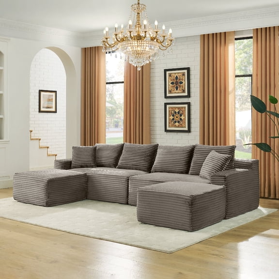 115" U-Shaped Sectional Sofa Couch with Chaise and Ottoman, 4-Seat Modular Cloud Sofa with Deep Seats and Soft Cushions, Upholstered Corduroy Modular Couch for Living Room, Apartment,Lounge, Brown