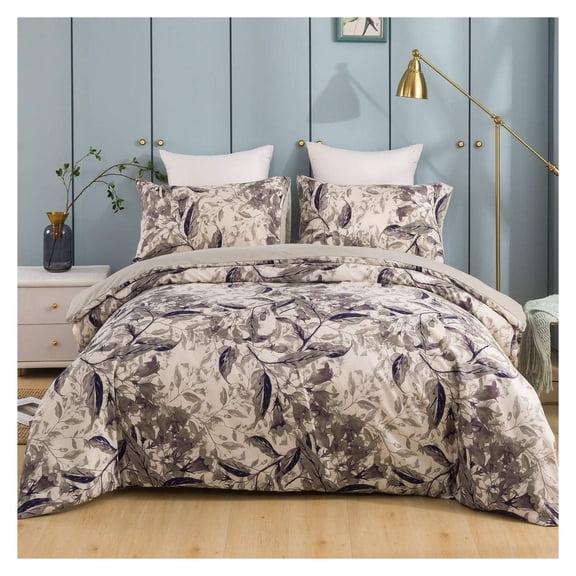 Tache Elagant Abstract Whimsical Wispy Leaf Floral Neutral Monochromatic Taupe Grey Purple Soft Microfiber Zipper Duvet Cover, Queen