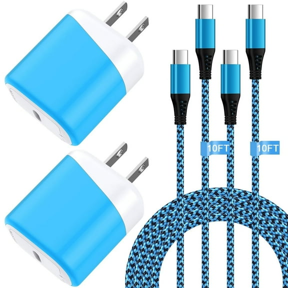 USB C Charger,AILKIN 2PACK Charging Block Type C with 2PACK Type C Cables 10ft 20W PD Type C Charger 10ft USB C Block Plug Fast Android Phone Charger Block with Usb C Charging Cable 10ft,Blue