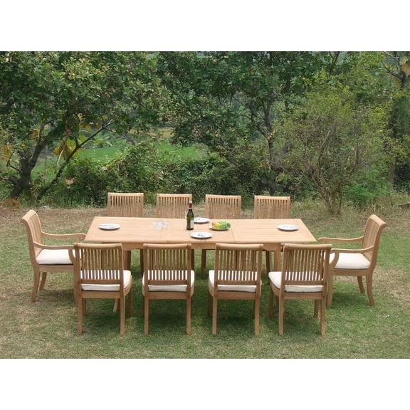 Teak Dining Set:10 Seater 11 Pc - 117" Mas Trestle Leg Double Extension Rectangle Table 8 Armless and 2 Giva Arm / Captain Chairs Outdoor Patio Grade-A Teak Wood WholesaleTeak #WMDSGVq