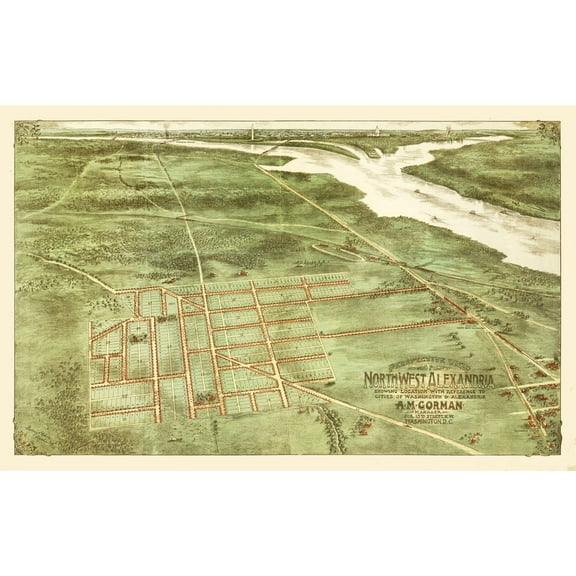 Historic Panoramic View - Alexandria Virginia - Gorman 1890 - 36.24 x 23 - Vintage Wall Art