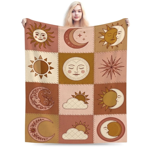Moon and Sun Blanket, Boho Design Flannel Throw Blanket, Soft Cozy Lightweight Blanket for Couch, Sofa, Bed, Bohemian Home Decor 50x40