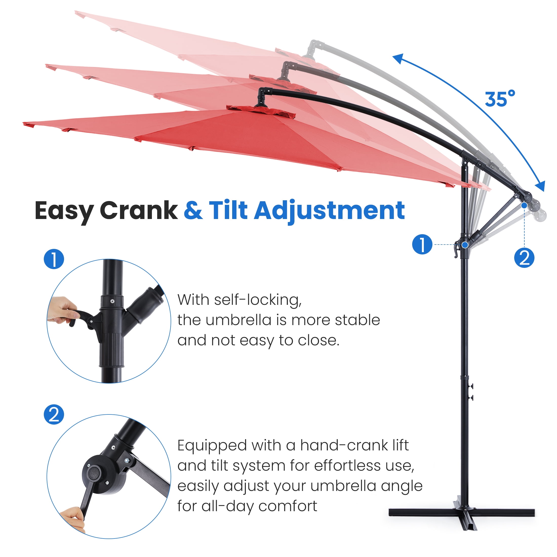 edx 10FT Offset Hanging Patio Umbrella Outdoor with Push Button Tilt & Self-Locking, Polyester Shade, 8 Sturdy Ribs, Red