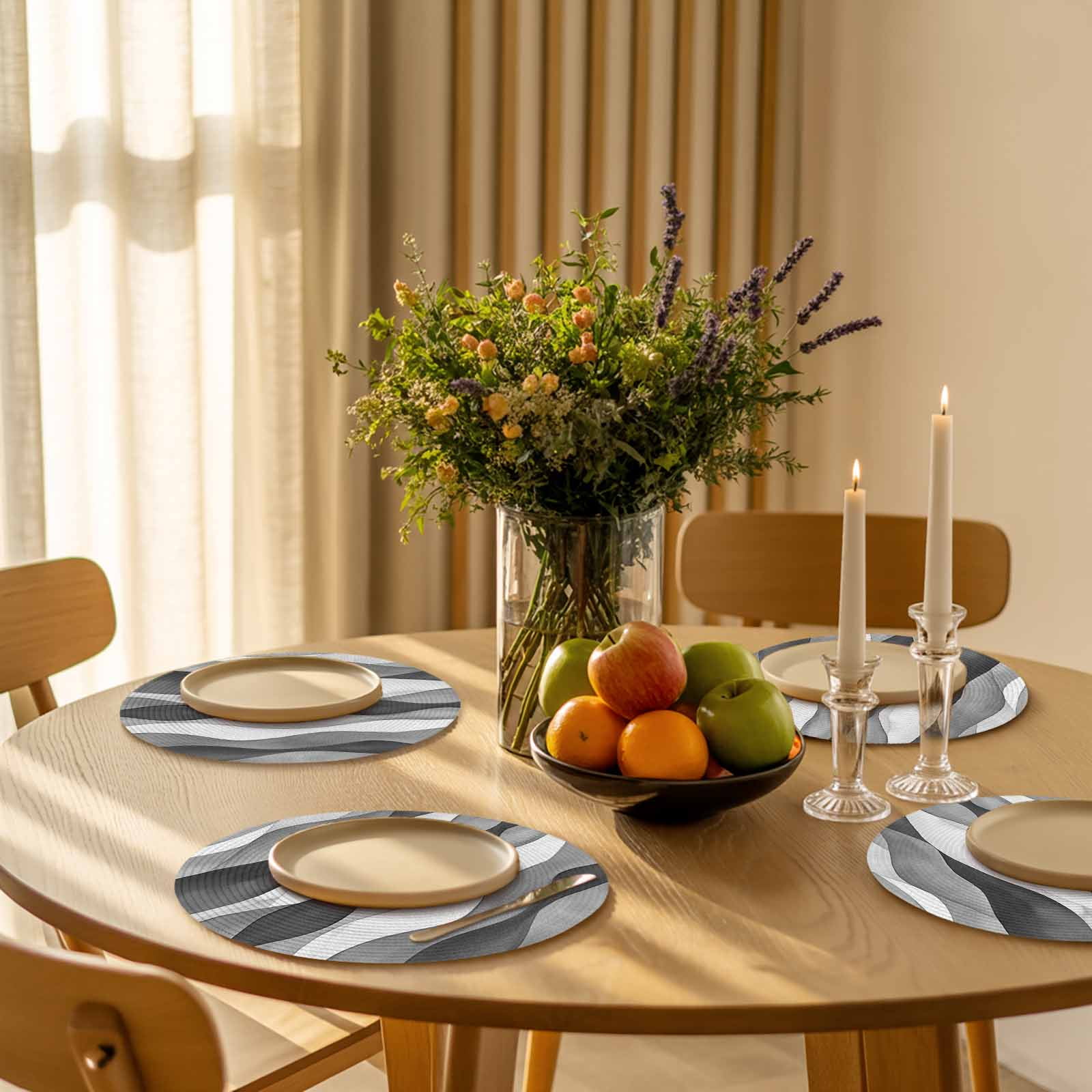 Abstract Wave Pattern Texture Round Table Placemats set of 4, Black Gray White Washable Woven Place Mats for Dining Tables Kitchen Party Decor,Heat Proof, 13in,