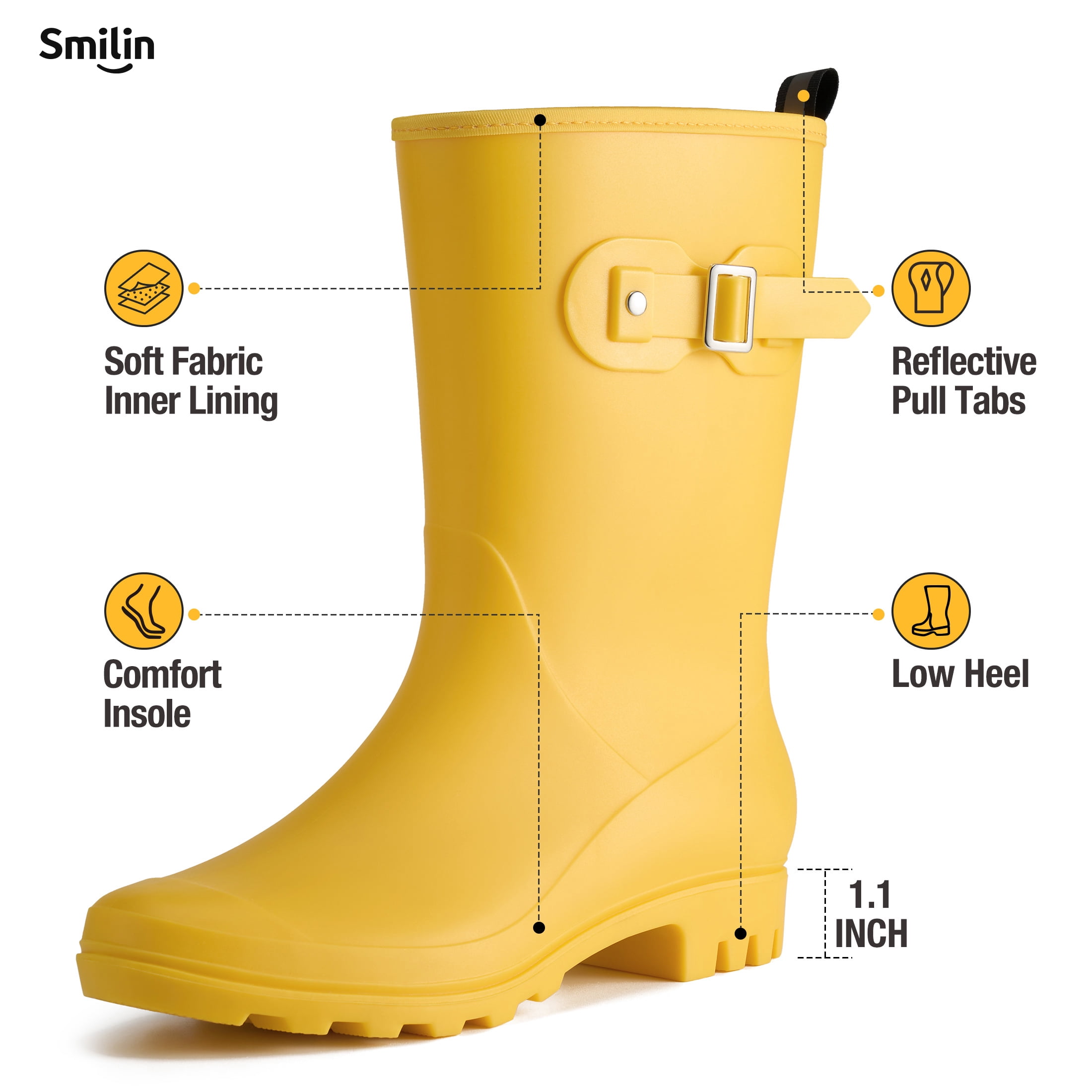 SMILIN Wellington Wide Calf Rubber Rain Boots for Women Yellow Size 6