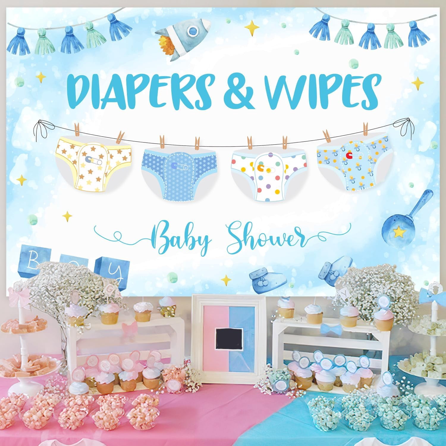 Diapers & Wipes Theme Backdrop Baby Shower Party Decorations Blue and White Diaper Rocket Photograph Background Banner Photo Booth Props for Boys Diaper Theme Baby Shower Party Decor Supplies 5x3ft