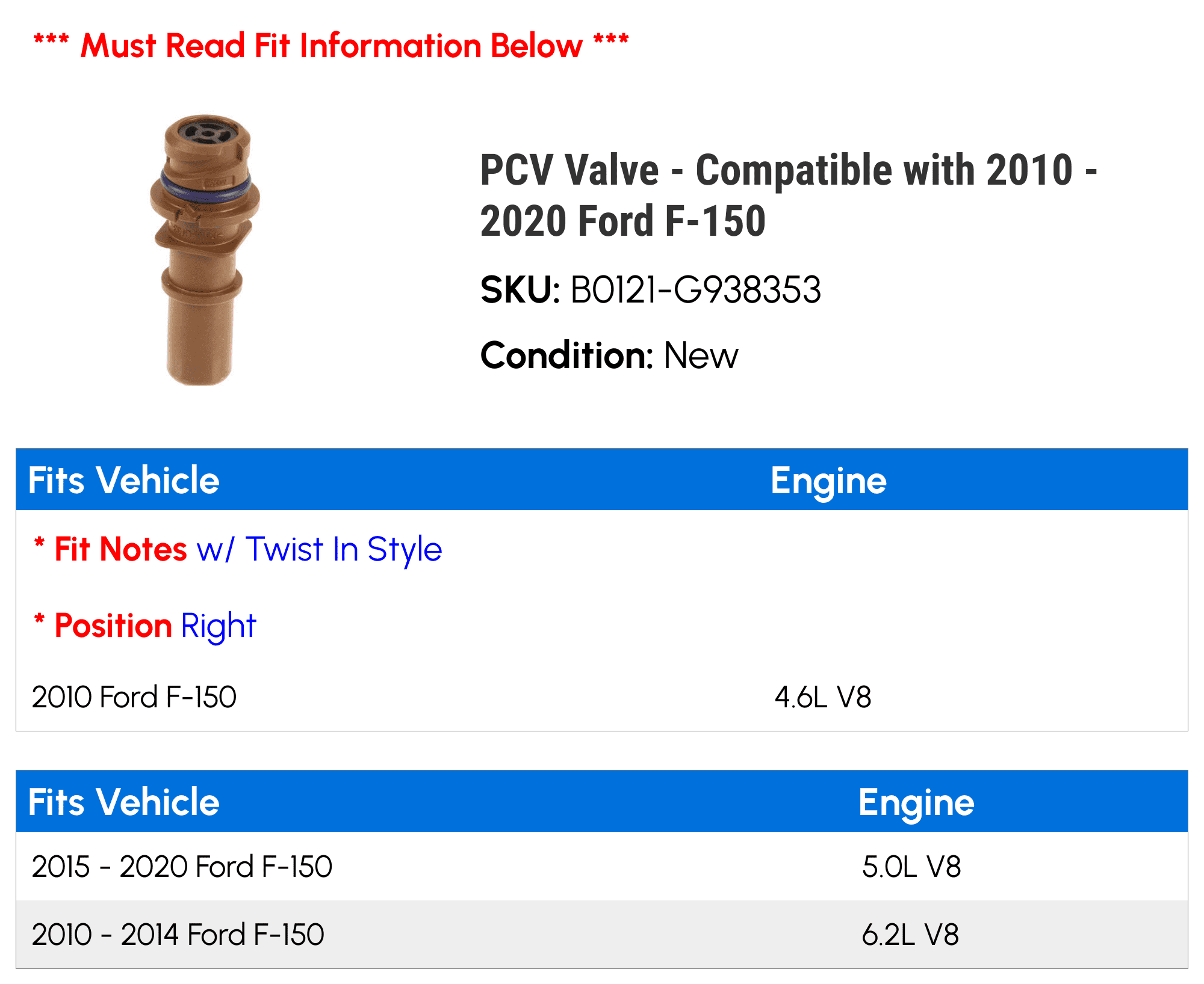 PCV Valve - Compatible with 2010 - 2020 Ford F-150 2011 2012 2013 2014 2015 2016 2017 2018 2019
