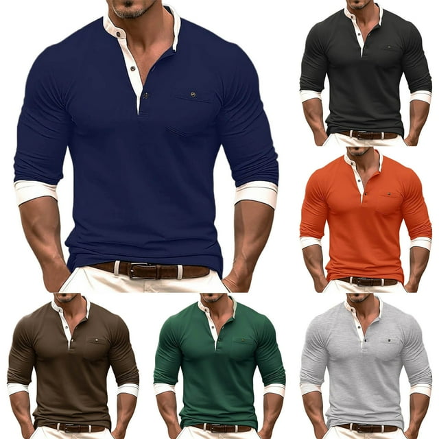 Txeol Mens Henley Shirts Long Sleeve Casual Button Down Muscle T-Shirt Fashion Color Block Cotton Workout Tee Tops,Red,M