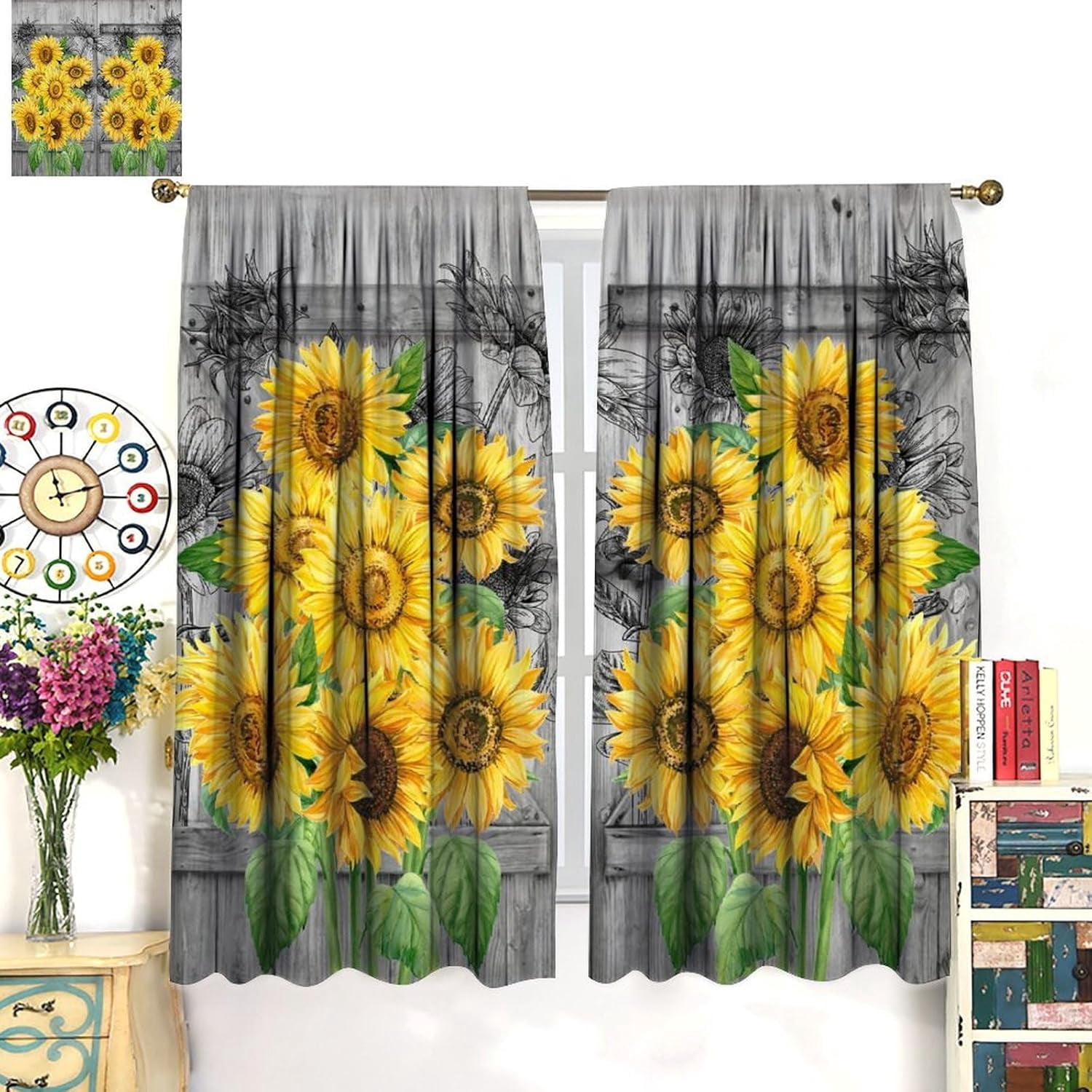 Yellow Sunflowers Curtains, Vintage Rustic Wooden Barn Door Sunshine Greenery Sunshine Floral Blackout Windows Treatments, Thermal Insulated Drapes For Girls Living Room Bedroom Kitchen 42x63in