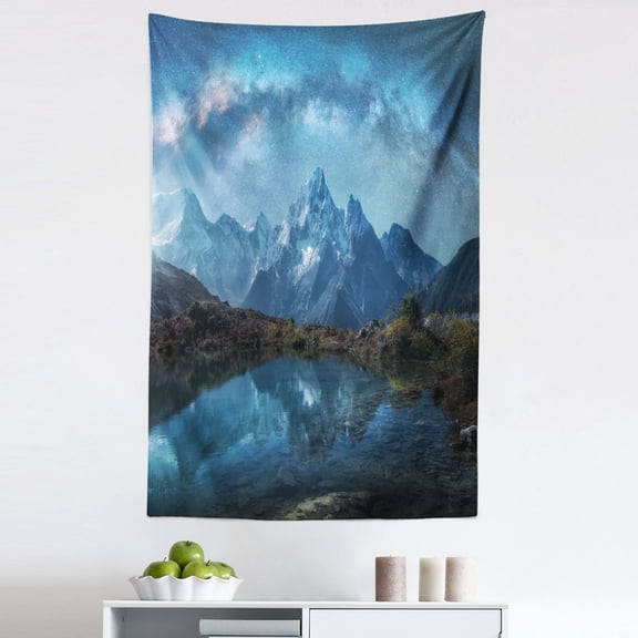Universe Tapestry, Galactic Scenery of Milky Way over Snowy Mountains Reflection on Lake Print, Fabric Wall Hanging Decor for Bedroom Living Room Dorm, 5 Sizes, Blue and Sepia, by Ambesonne