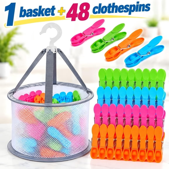 48 Pack Heavy Duty Clothes Pins, Colored Clothespins with Mesh Bag, Strong Windproof Laundry Clips for Outdoor Drying