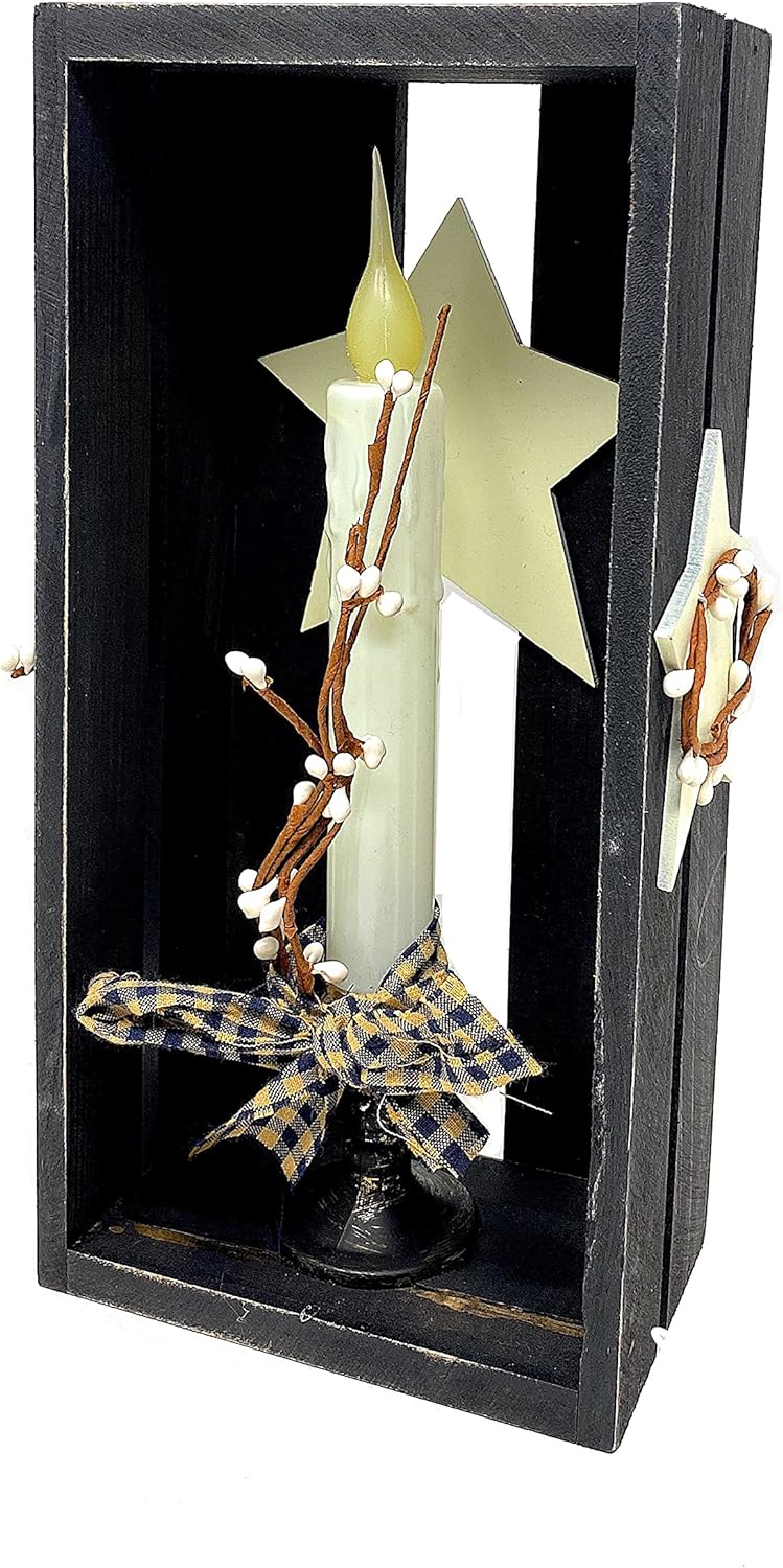 Flameless LED Candle In Wooden Box Rustic Christmas Decoration W Stars & Berries Battery-Operated Flickering Light Tabletop Window, Fireplace Mantle 11”H  x 5.5” L