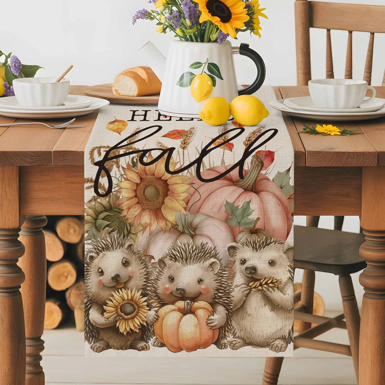 Fall Thanksgiving Hedgehog Pumpkin Table Runner 90 Inches Long, Sunflower Leaves on Flax Table Runners Tabletop Scarf Kitchen Dining Tables Decoration for Home Party Indoor Outdoor