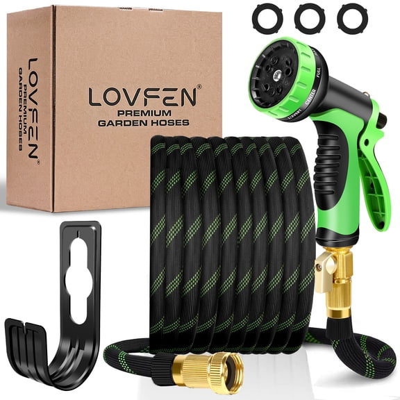 LOVFEN 25 ft Garden Hose,Non-Expanding Kink Free Flexible Water Hose with 10-Pattern Spray Nozzle, Lightweight Hose Pipe, Leak Proof, 3/4" Swivel Connectors, Super Fabric, Portable Storage Strap