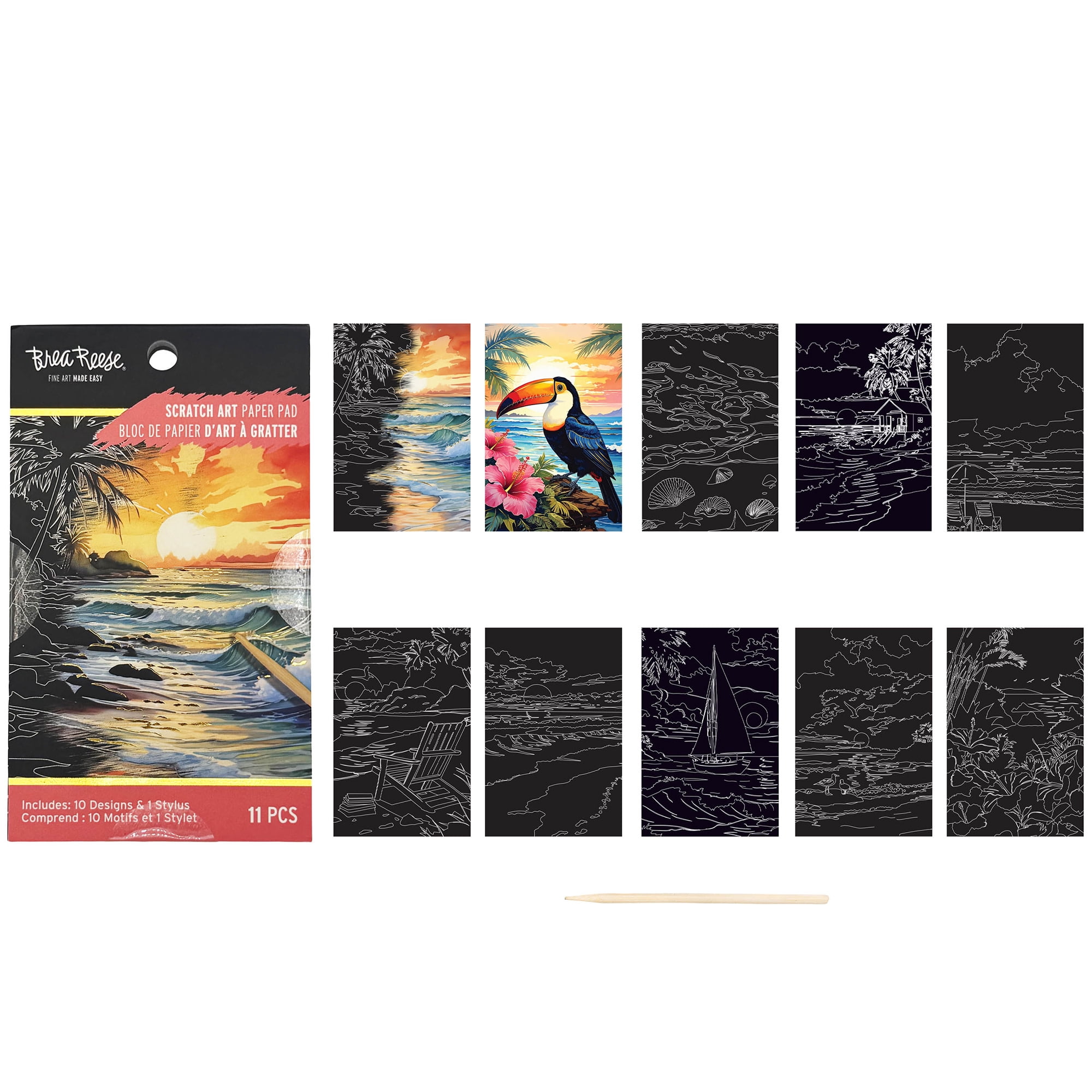 Brea Reese: Scratch Art Paper Pad 2 Pack - Beach Bum & Record Player - 20 Design Assortment, Metallic Accents, Wooden Stylus, 6x8" Pages, Adult Craft