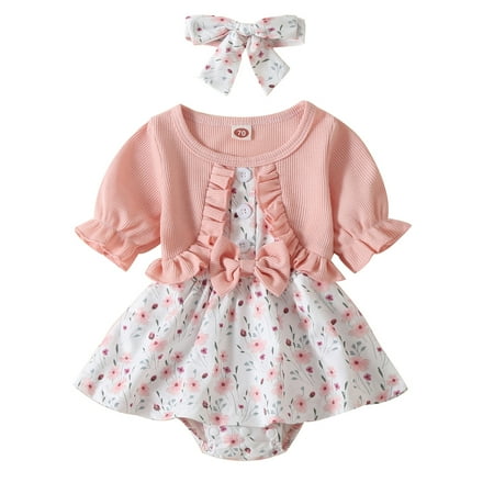 

Viworld Newborn Baby Girl Bodysuits Short Sleeve Round Neck Button Ribbed Romper Onsie Floral Dresses + Bow Headband Outfits Set Pink 12-18 Months