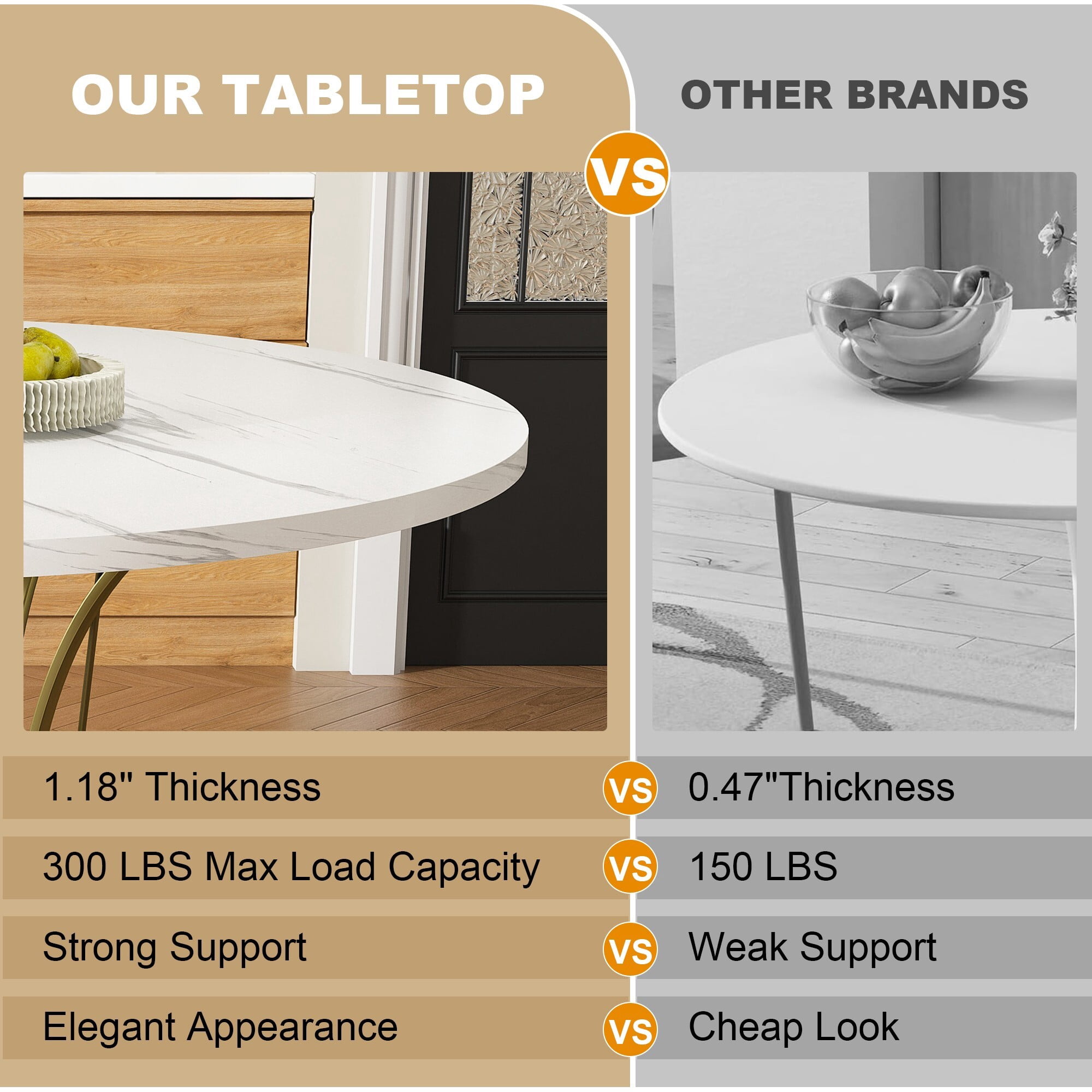 AENKYO 43"-59" Expandable Round Dining Table with Storage, White Marble Top & Gold Hourglass Metal Base, Seats 4-6