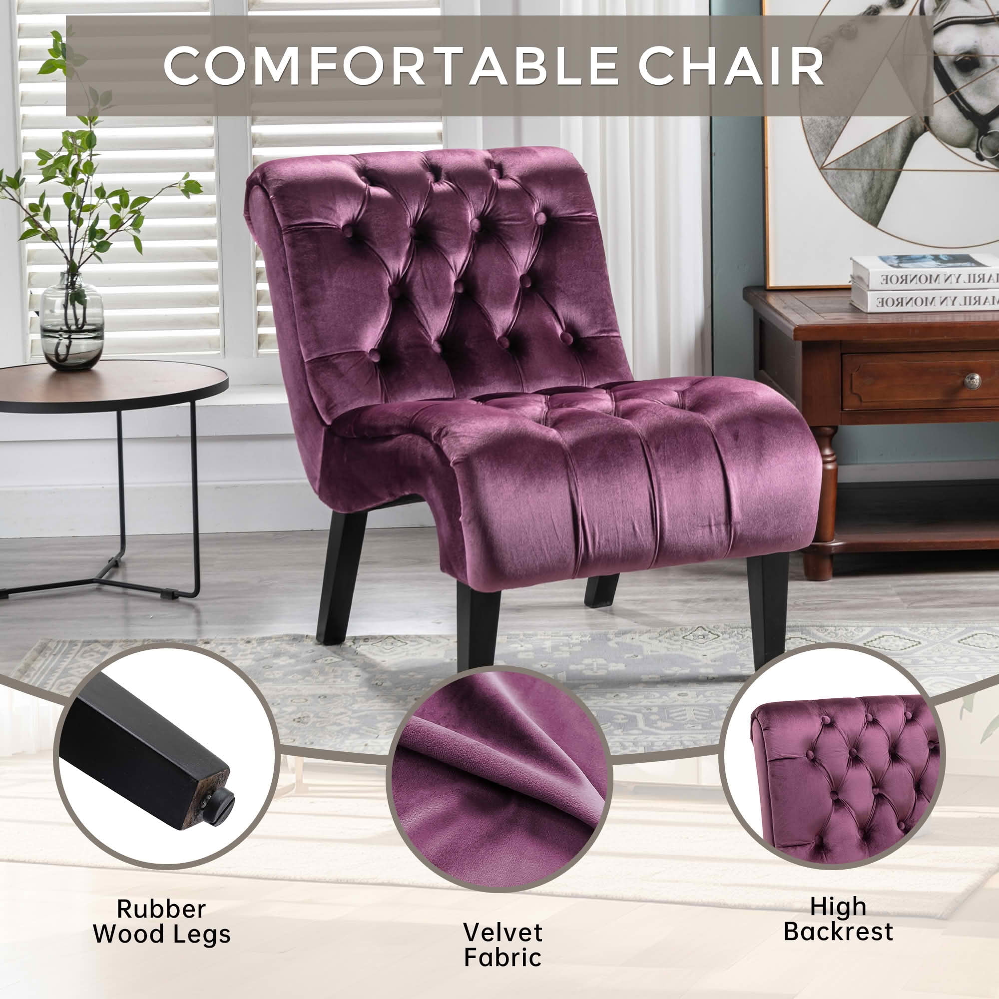 MAYEERTY 22.83-Inch Velvet Button Tufted Armless Accent Chair, Upholstered Leisure Side Chair with Wooden Legs for Bedroom Living Room Office