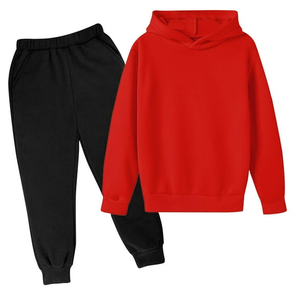 Mikilon Boys and Girls Clothing Sets Size 3-9 Years Long Sleeve Hooded Sweatshirts Elastic Waist Black Sweatpants Fall and Winter Solid Color Outfit Sets