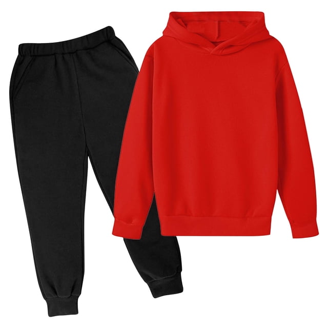 Fall/Winter Saving! HVOBTTY Girls Casual Long Sleeve Sweatshirt Set, Fashion Girls and Boy' Casual Long Solid Color Sleeve Long Sleeve Hooded Set Red, 3 Years