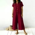 thumbnail image 6 of Vhkiploz A-Line Linen Jumpsuit For Women's One Piece Button Wide Leg Maxi Summer Sweatsuits Beach Vacation Travel Athletic Outfit Sets V-Neck Short Sleeve Solid Outwear Beach Rompers With Pockets, 6 of 7