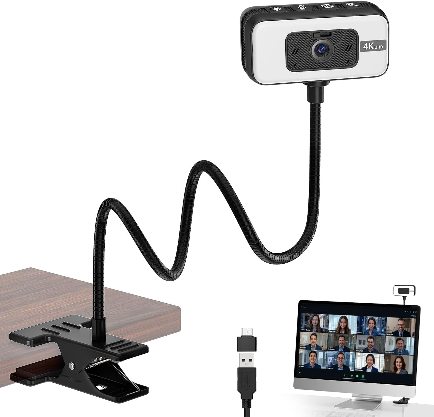 Caméra Web pour PC, Caméra de Diffusion 4K avec Lumière, Caméra Web pour Ordinateur de Bureau/portable Caméra Web avec Microphone, Caméra Web avec Prise et USB avec Support, pour Diffusion en Direct, Appels Vidéo et Réunions