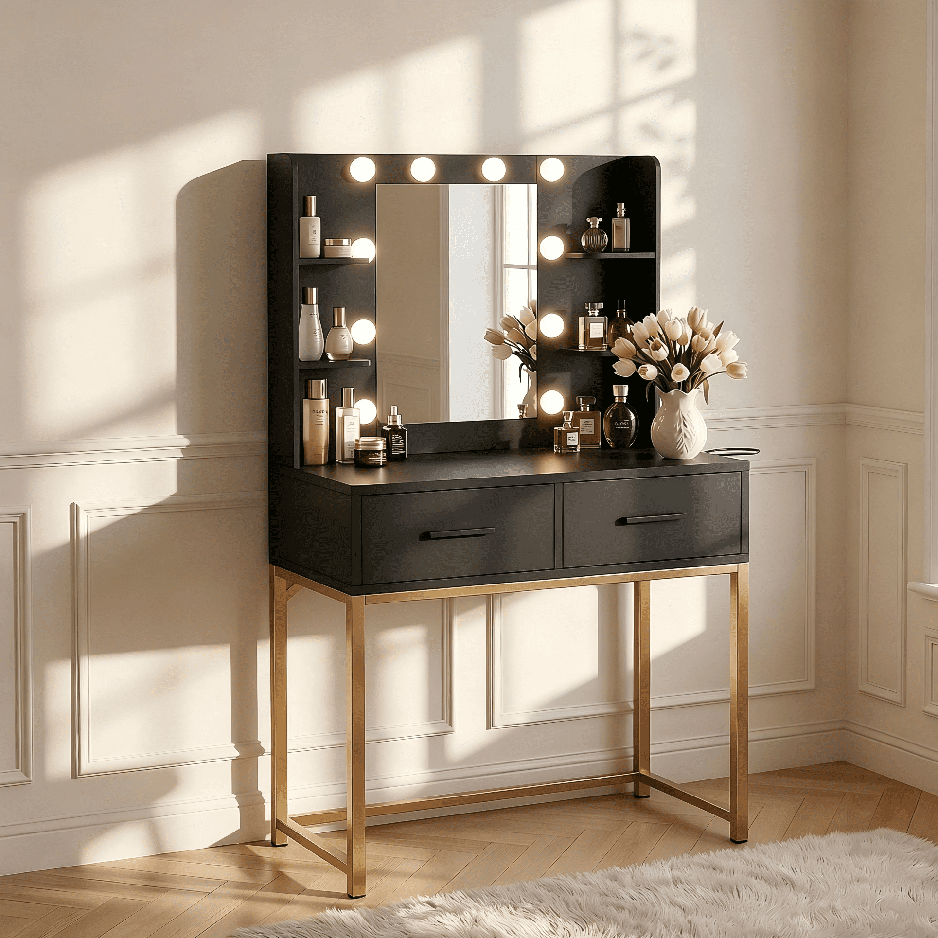 Treevan Black & Gold Makeup Vanity Desk with Hollywood LED Mirror, Charging Station, 3 Color Dimmable Lights for Bedroom