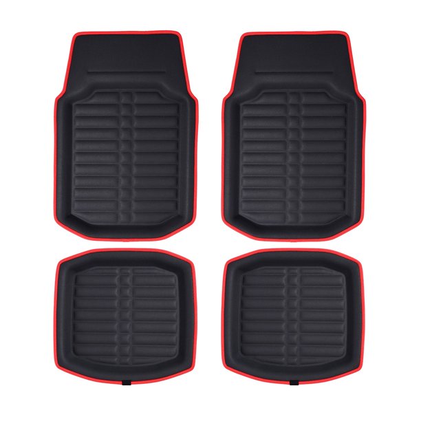 FH Group 3D Faux Leather Deep Tray 4 Piece Floor Mats, Red and Black