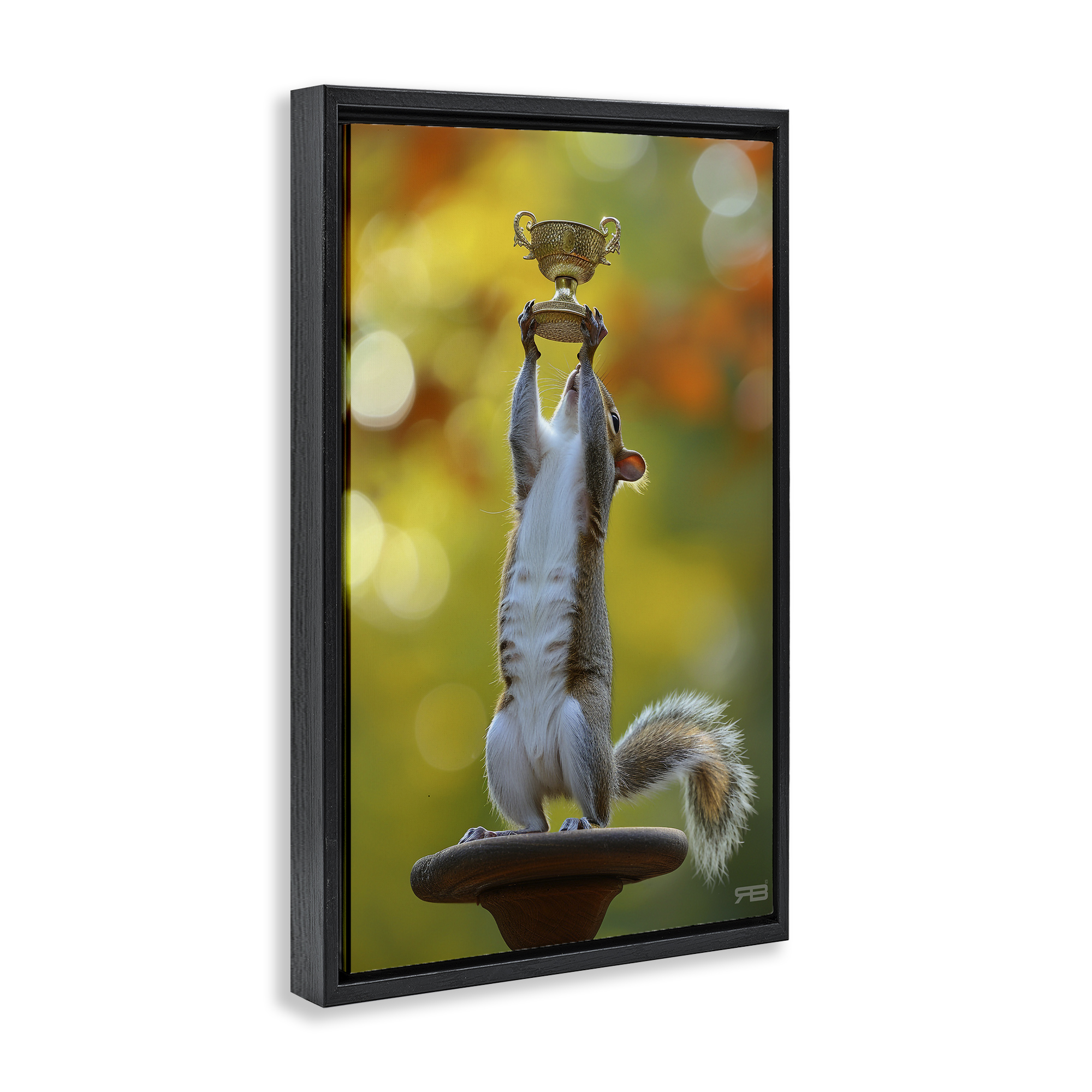 Stupell Industries Squirrel Holding Trophy Novelty Painting Black Floater Framed Art Print Wall Art, 21 x 31