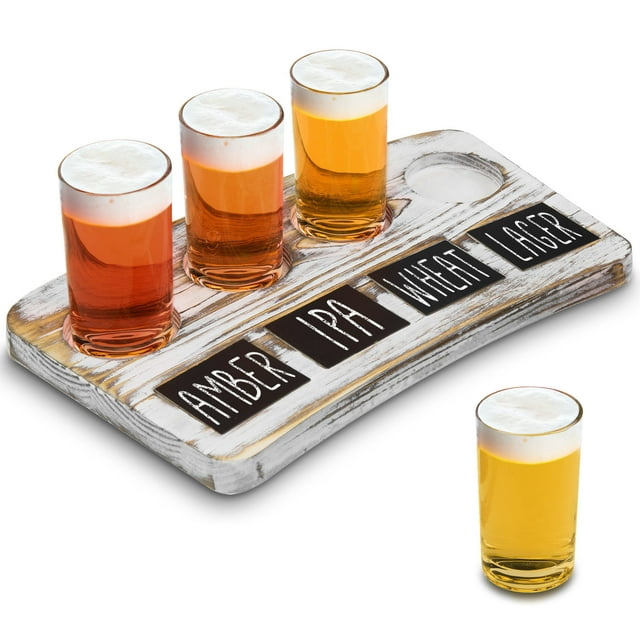 MyGift 4-Glass Whitewashed Wood Beer Flight Sampler Serving Tray with Chalkboard Labels