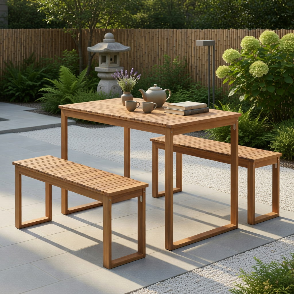 Hommoo Acacia Wood Outdoor Garden Bench Set of 2, Slatted Seat Patio Bench for Porch, Balcony & Backyard, Natural
