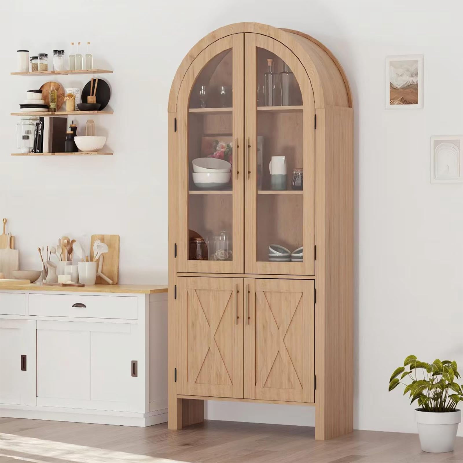 Accreate 60" Arched Display Cabinet with Fluted Details, Boho Glass Door Bookshelf, 5-Tier Tall Wood Pantry Cabinet, Arched Hutch Storage Cabinet for Entryway, Kitchen, Living Room