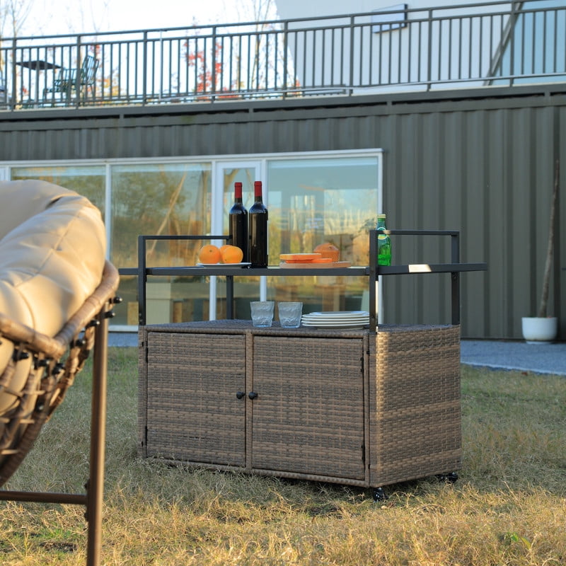 Aukfa Outdoor Wicker Island Rolling Bar Cart with Glass Top for Patio Backyard Garden, Brown