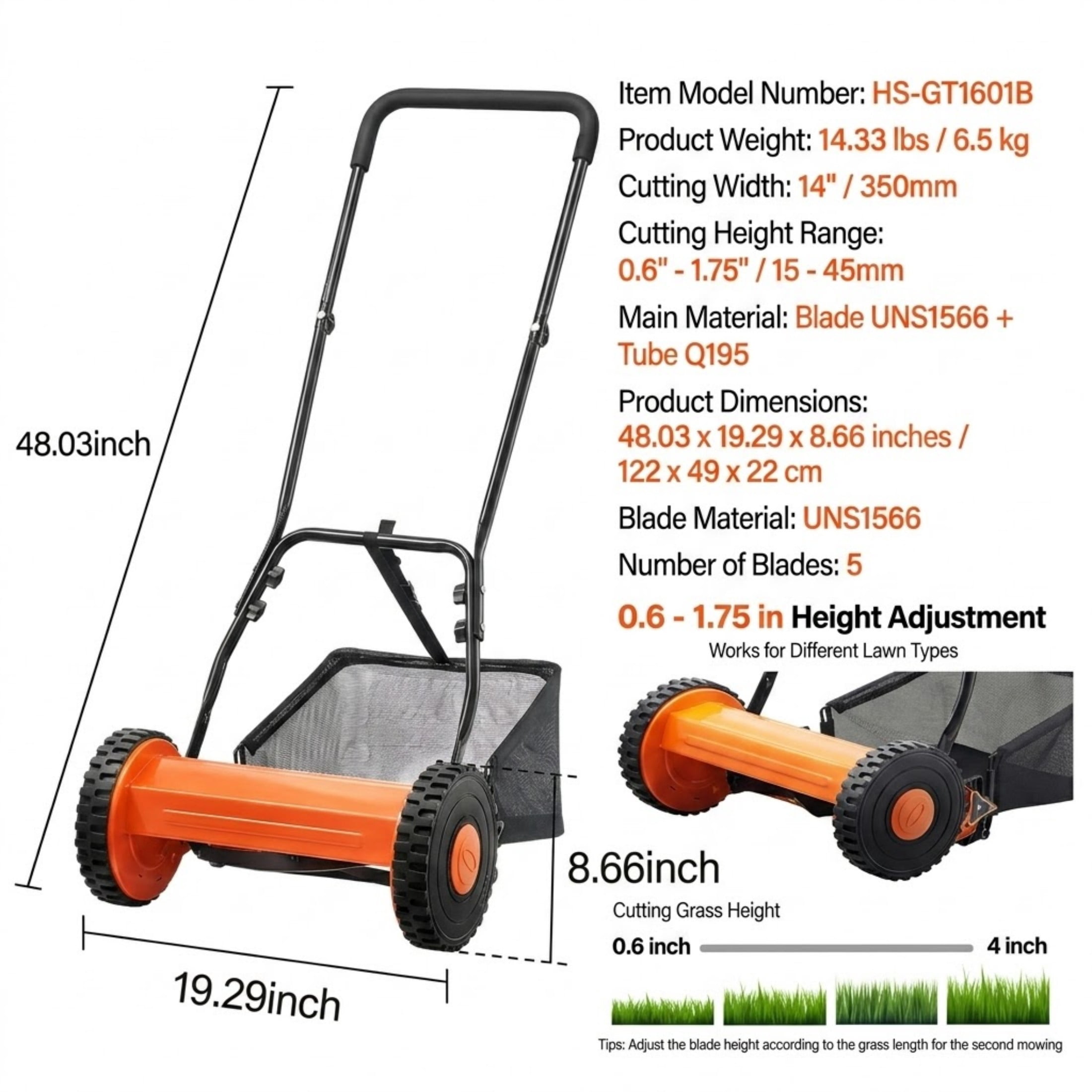 JUVOCT 14-Inch 5-Blade Push Reel Lawn Mower, Manual Walk-Behind Mower with Grass Catcher and Adjustable Height