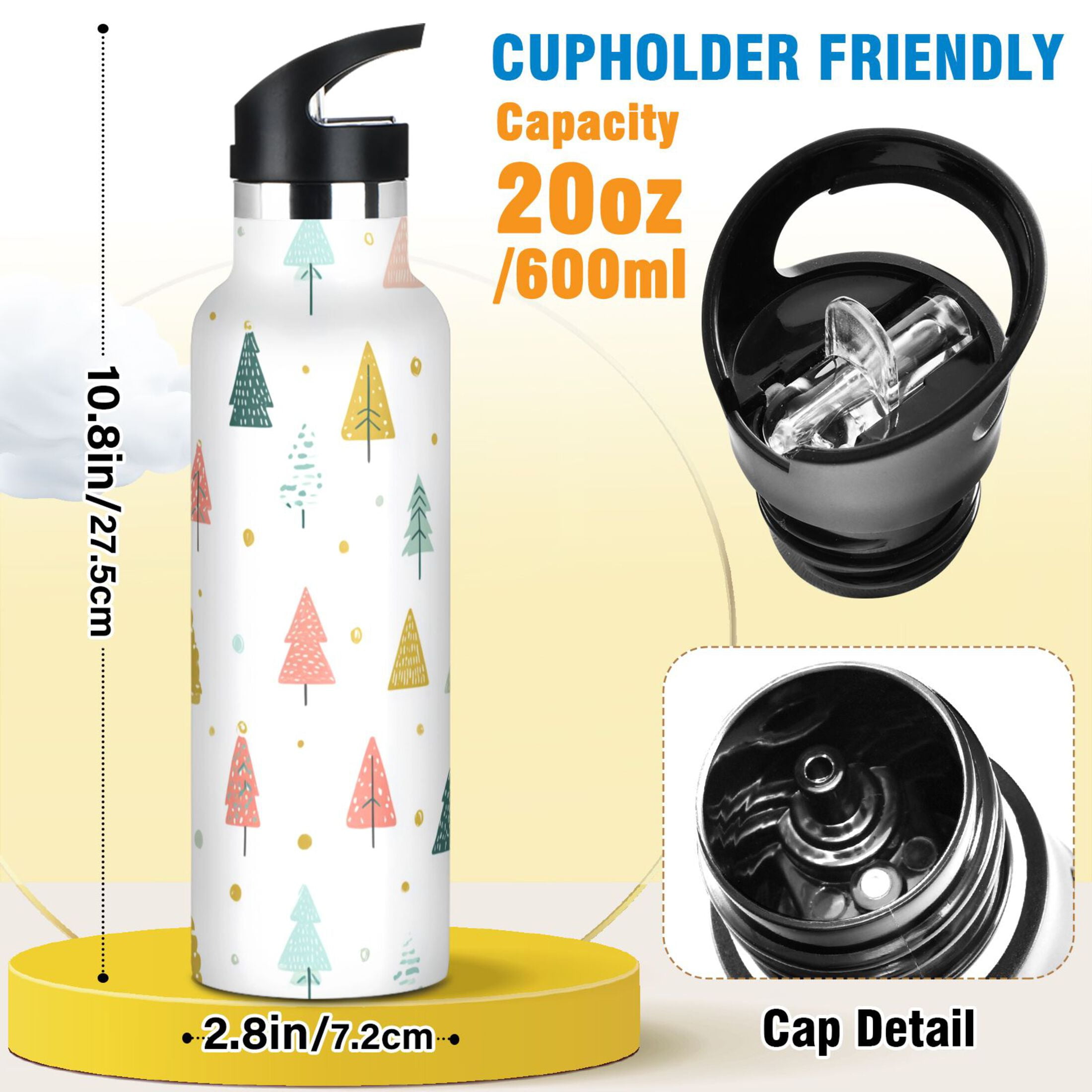 600ML Stainless Steel Insulated Cup Sports Water Bottle Portable Thermos Cup Water Glasses Insulated Tumblers Convenient and Durable Beautiful Colorful Christmas Tree